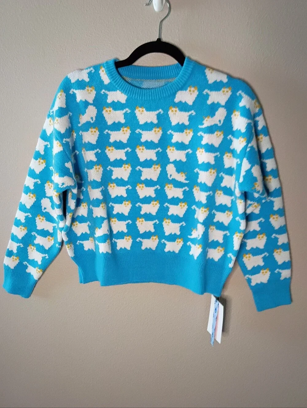 Cider Knit Sheep Cat Pattern Crop Sweater Sky Blue Long Sleeve Oversized XS NWT